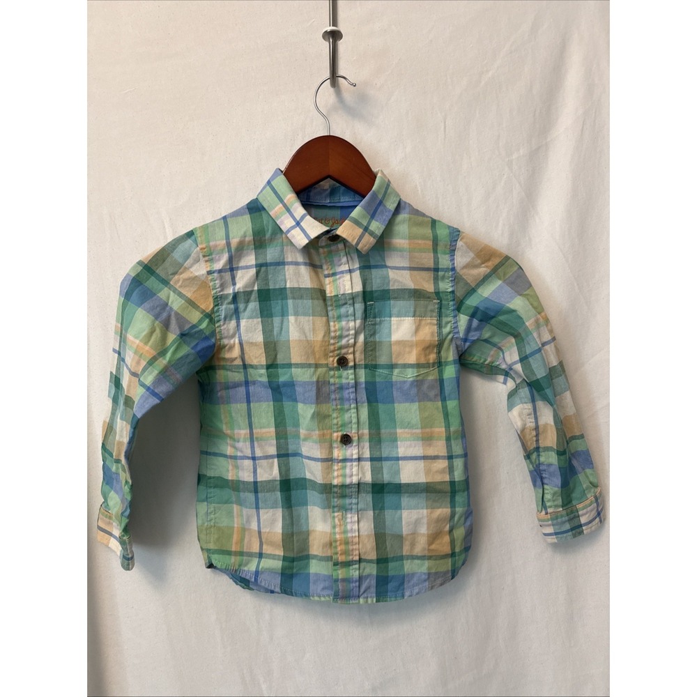 Cat & Jack Boys 5T Plaid Button Down Shirt Green Blue Long Sleeve Cotton